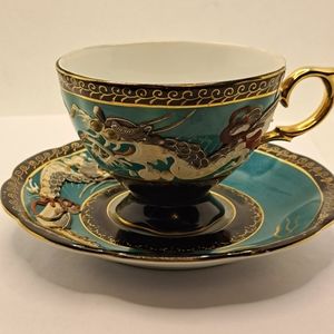 CASTLE Japan Dragonware Tea Cup and Saucer Bone China in blue and Vintage .